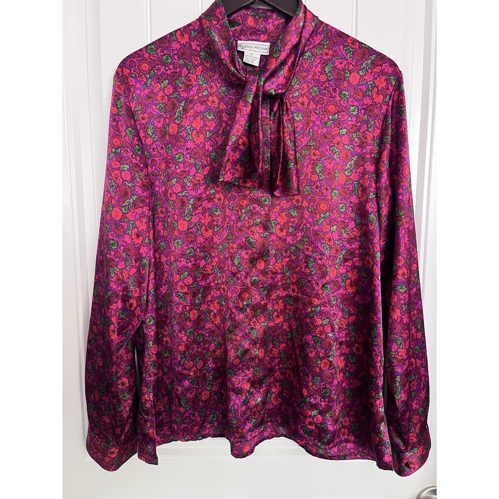 Vintage Blouse Floral Silky Shiny Evan Picone Womens 14 Long Sleeve Bow 296